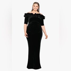 Xscape “TIFFANY" LONG VELVET 3/4 SLEEVE RUFFLE TOP DRESS